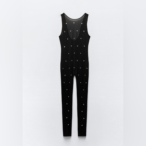 Zara JUMPSUIT w/RHINESTONE ORGANZA Size Small - NWT - Picture 5 of 9